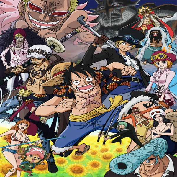 link to dressrosa arc, and image of luffy and other major characters of the dressrosa arc
