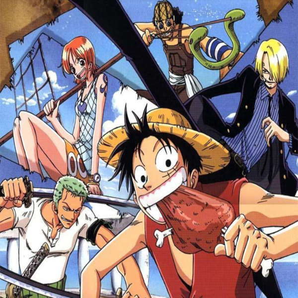 link to eastblue arec, image of original five strawhat pirates: Luffy,Zoro, Nami, Usopp, Sanji
