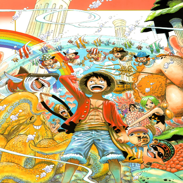 link to the fishman island arc, an image of luffy in awe of fishman island, an underwater city