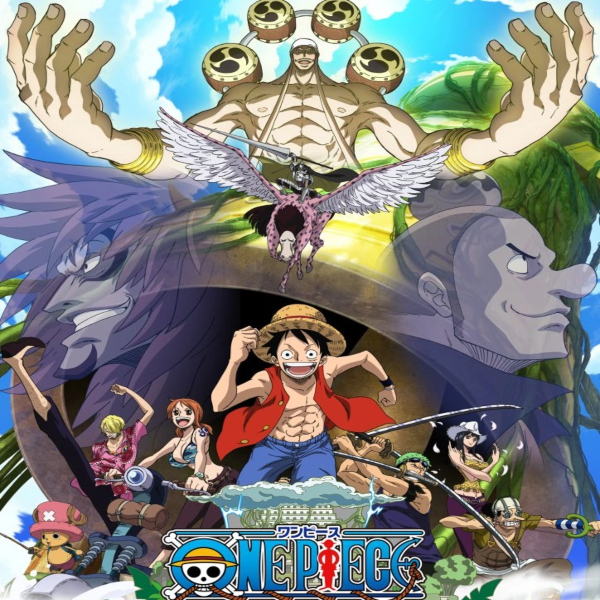 link to skypia arc, image of strawhat pirates and God Enel, along with historical characters of skypia
