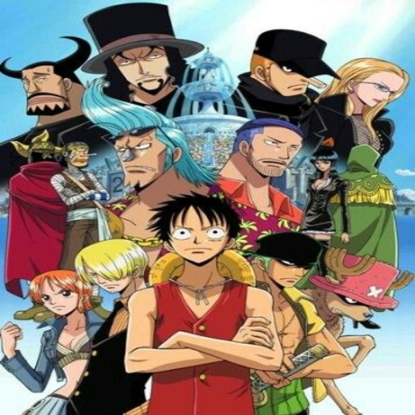 link to water 7 arc, an image of the strawhat pirates along with new member Franky and villains CP-9
